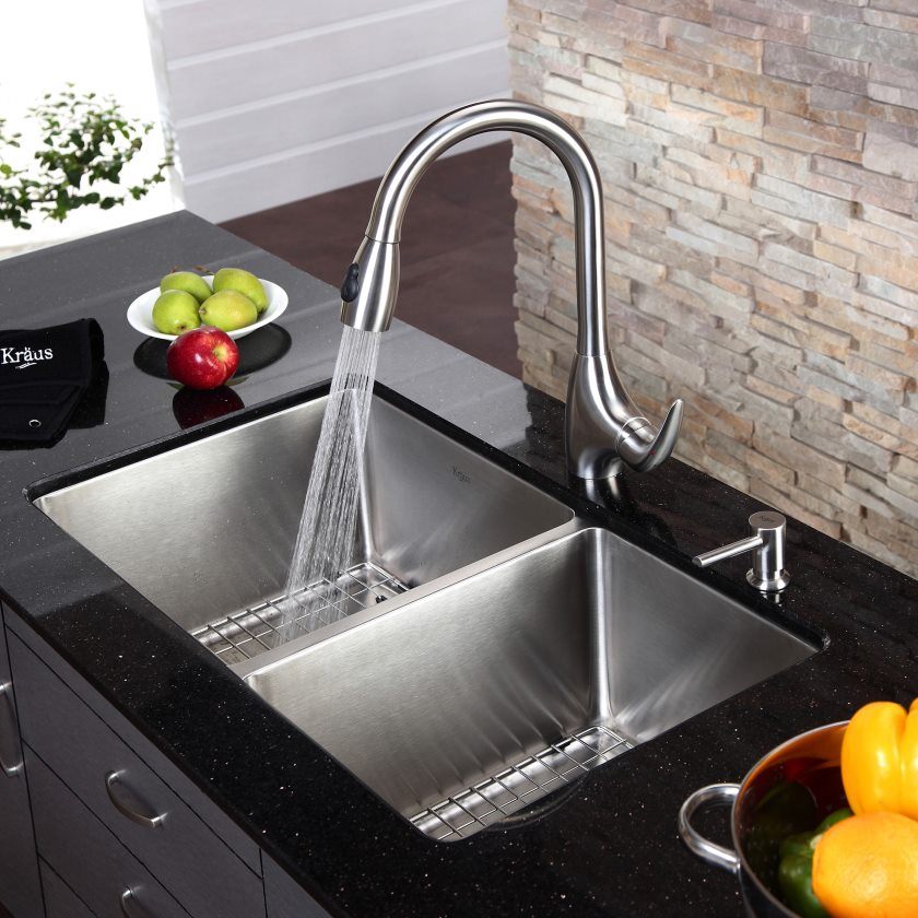 kraus-33 pouces-sous-plan-70-30-double-bol-calibre 16-évier-de-cuisine-en-inox-khu103-33