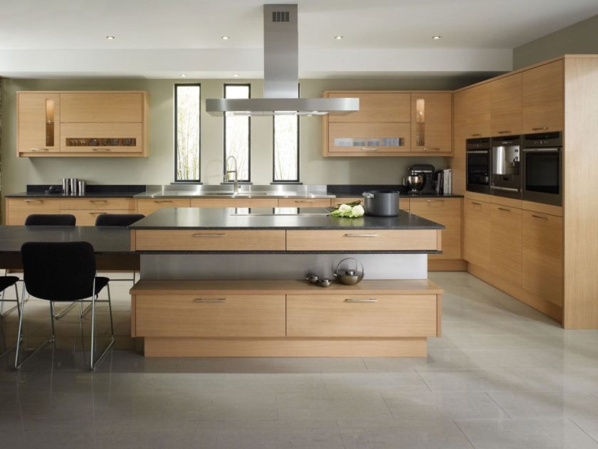 open-kitchen-idea-with-wooden-cabinetry-and-island-design-and-dark-granite-countertops-and-nice-breakfast-bar-also-Stainless-steel-chemine-and-tall-windows-and- carrelage-beige-1024x769