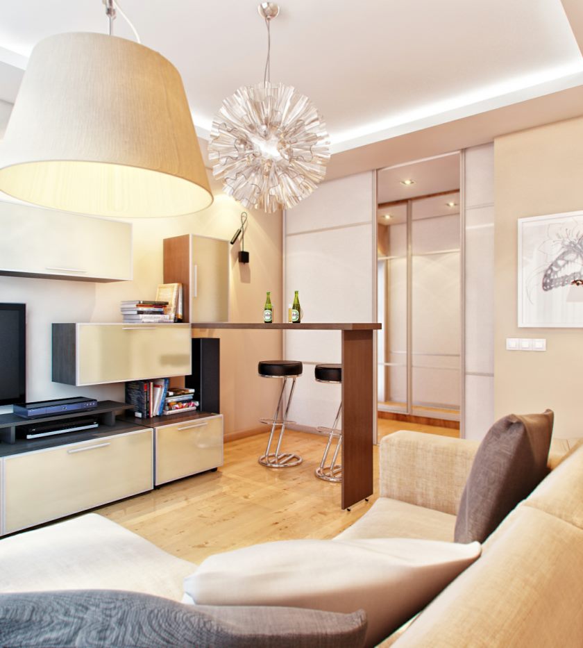meubles-salle-à-manger-décoration-design-populaire-cuisine-éclairages-d'intérieur-design-maison-appartement-décoration-idées-pour-cuisine-avec-simple-table-bar en bois-et-super-suspendus- lampe-et-canapé-d