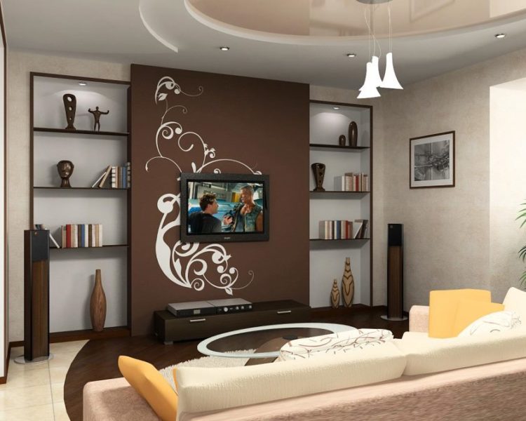 superbe-très-petit-salon-idées-de-design-avec-éclairage-plafond-y compris-tv-sur-papier-brun-à côté-des-étagères-sur-le-mur