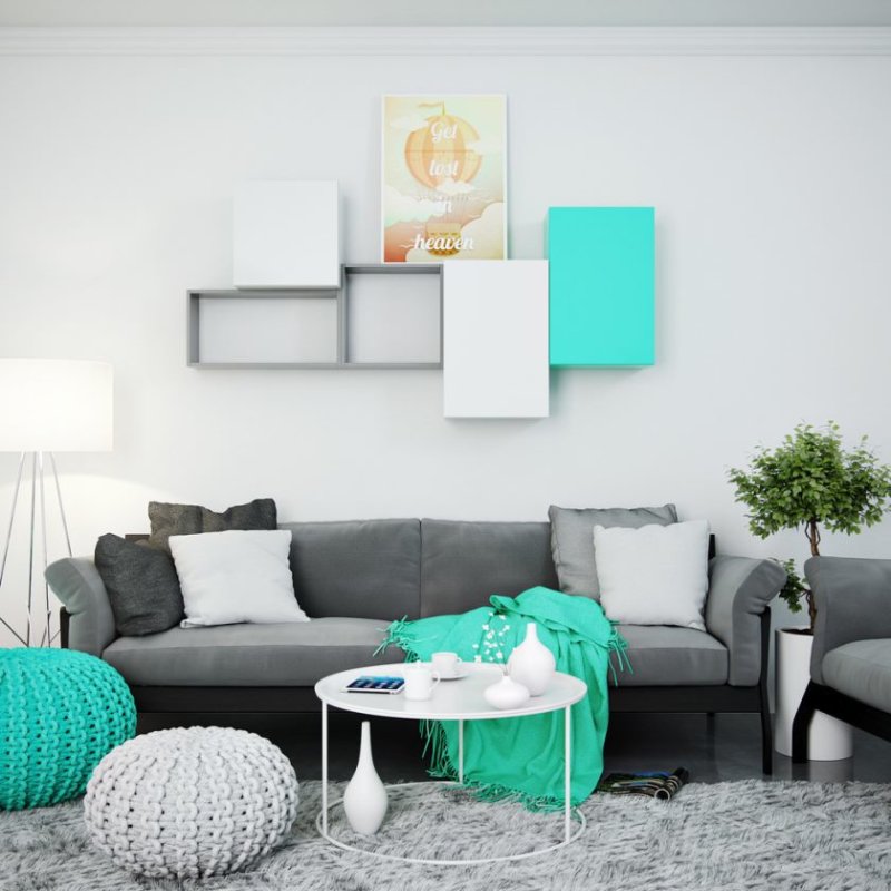 turquoise-salon-avec-étagères-et-armoire-modulaires