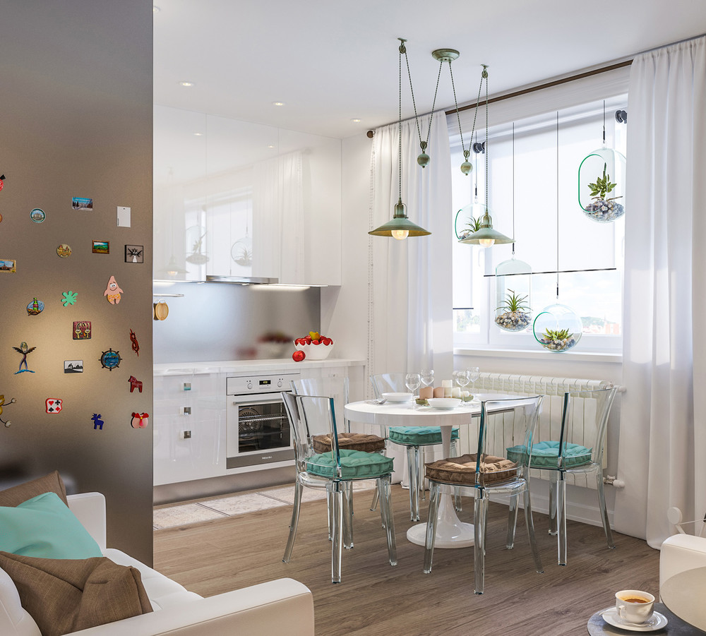Lumineux cuisine-salon aux accents turquoise