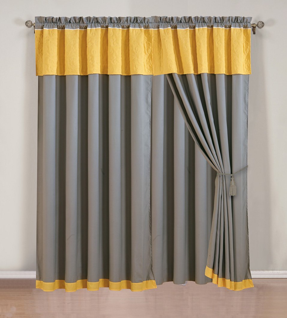 Ensemble de rideaux brodés jaune-gris-blanc-4 pièces-avec-cantonnière et voilages-5