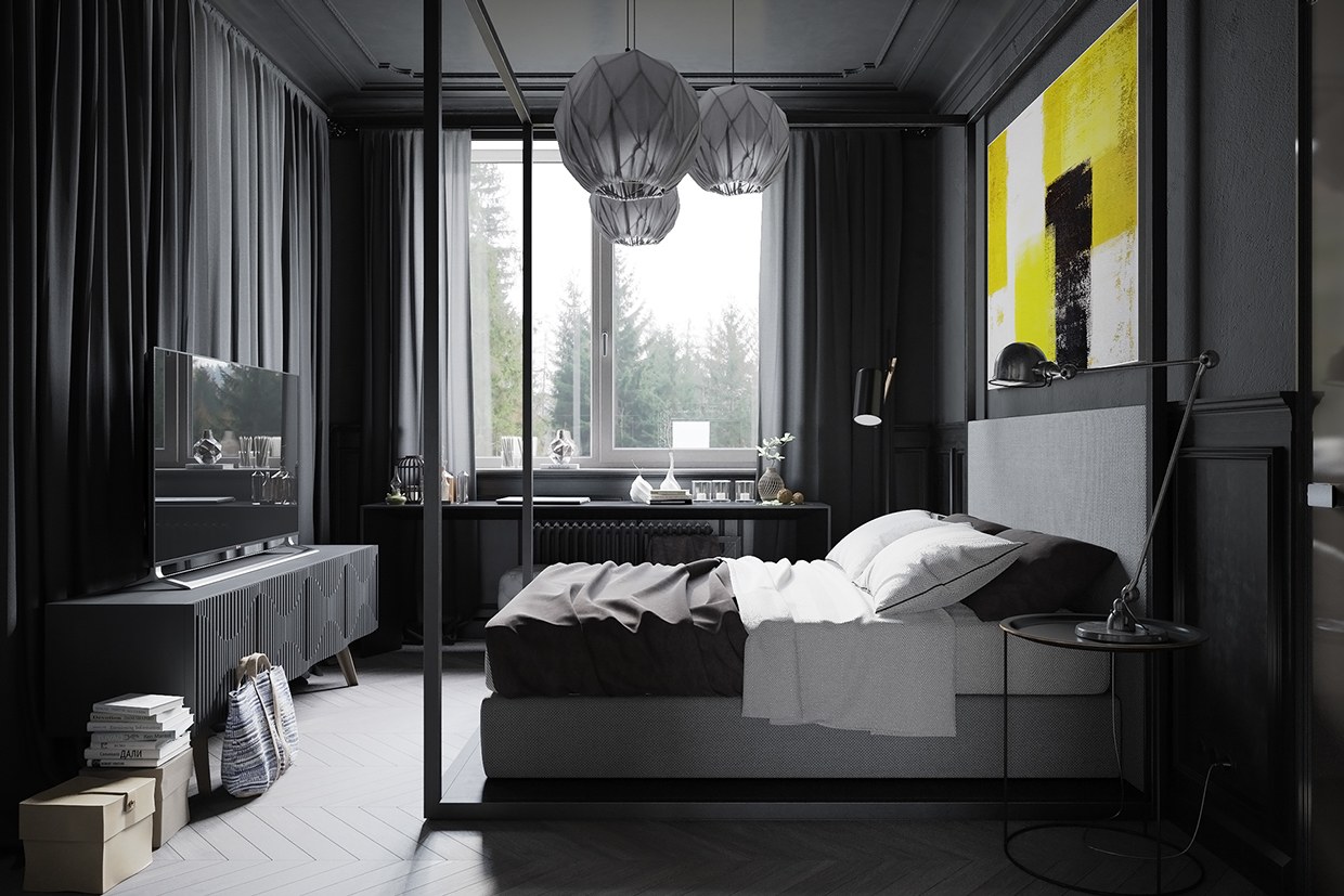 gris-décoration-intérieure-chambre-murs-rideaux-idées-ornement-meuble-mural-meubles-tv-suspension-ronde-moderne-parquet-bois