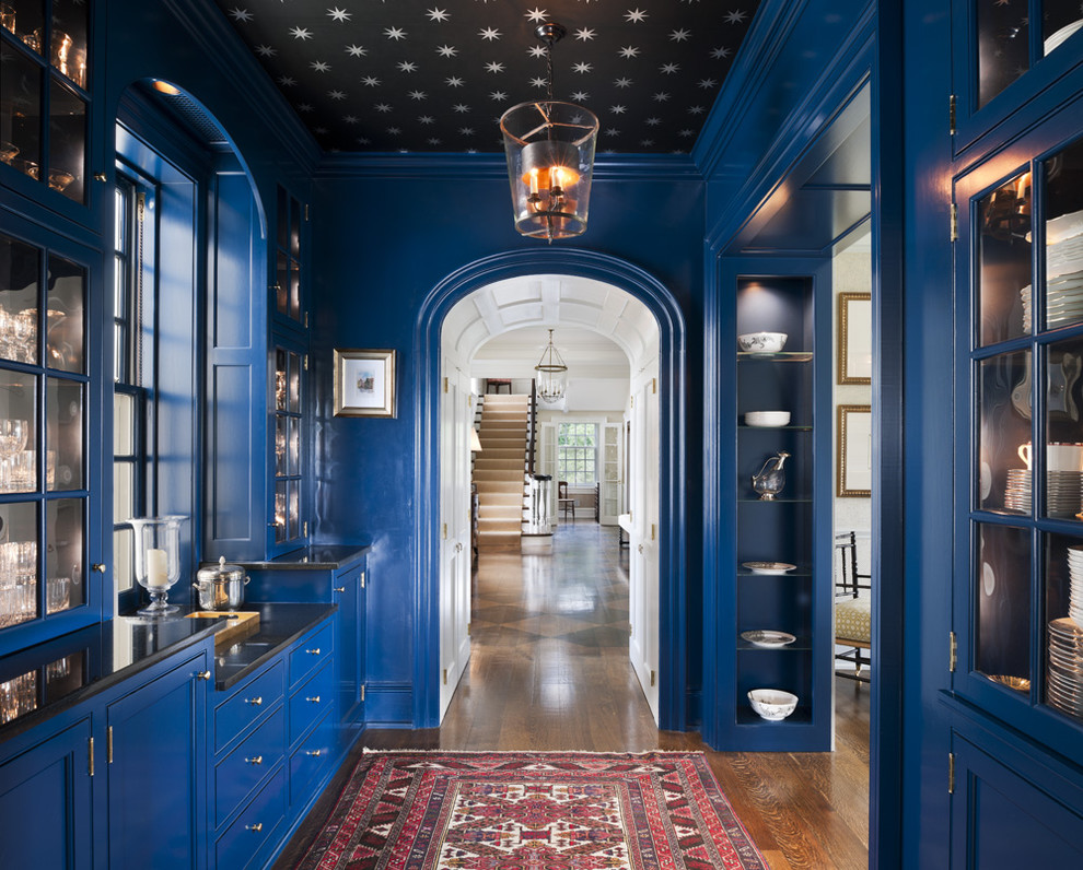 idées-couloir-ikea-hall-traditionnel-avec-majordomes bleus-garde-manger-plafond-star-papier peint-star-wallpaper-plafond-6