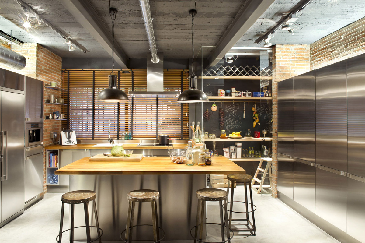 cuisine-luminaire suspendu-style-loft-maison-terrassa-espagne