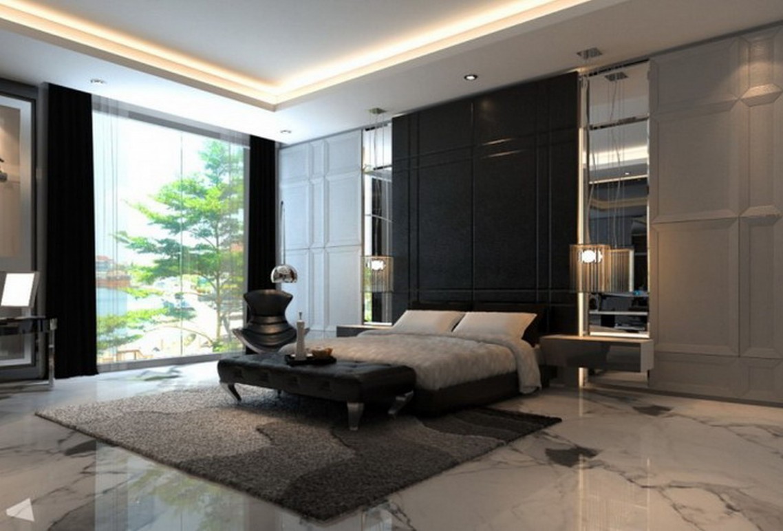 grand-noir-moderne-chambre-meubles-bambou-lampes-de-table-lampes-piano-argent-aspire-maison-accents-inc-contemporain-peau de vache