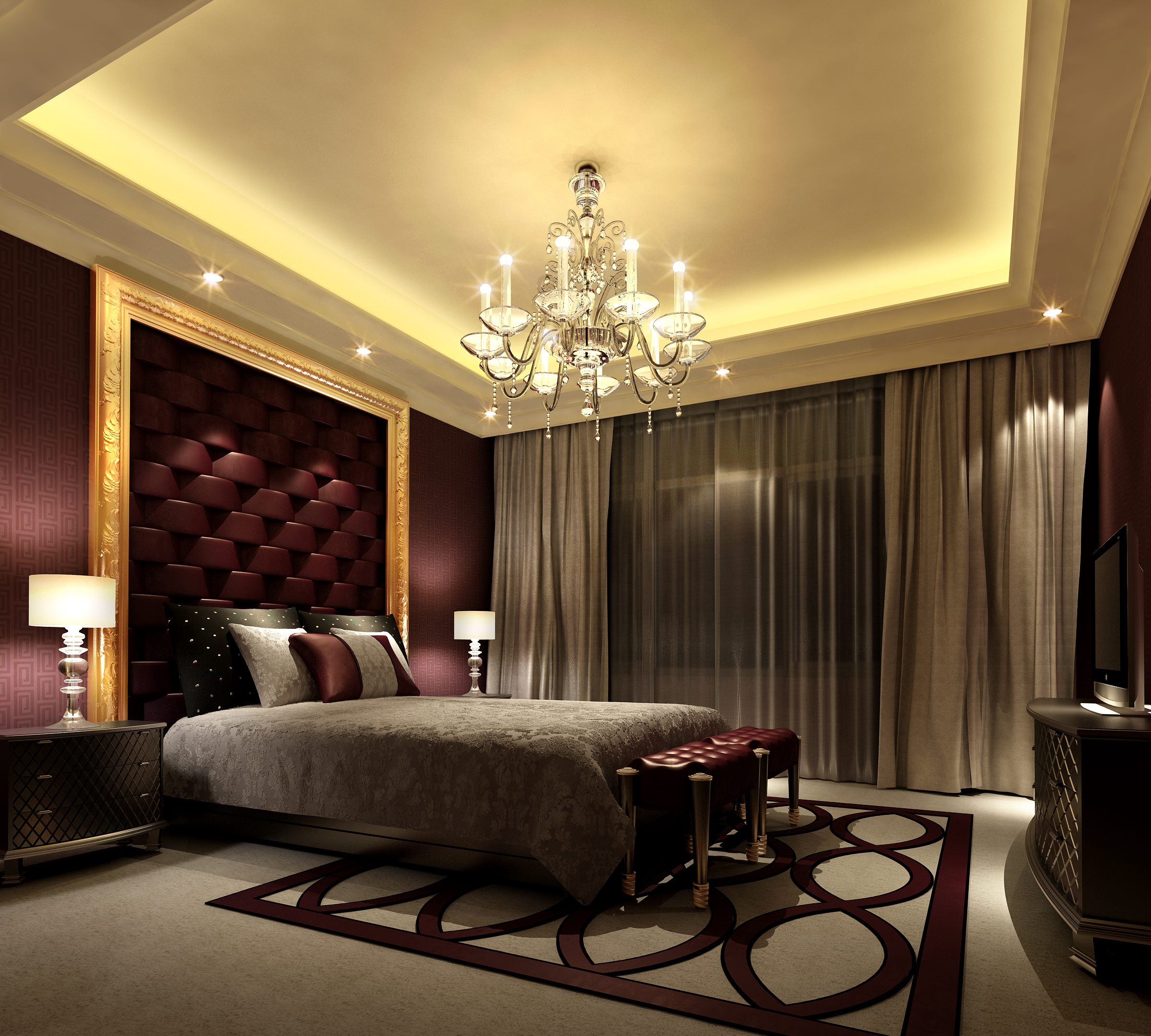 décoration-attrayante-pour-hôtel-moderne-chambre-design-idées-merveilleux-lustres-branches-crysal-et-confortable-rayé-marron-rembourré-coussin-flanqué-charmant-rond-tambour-lampe de bureau- aussi bien que grand-mode