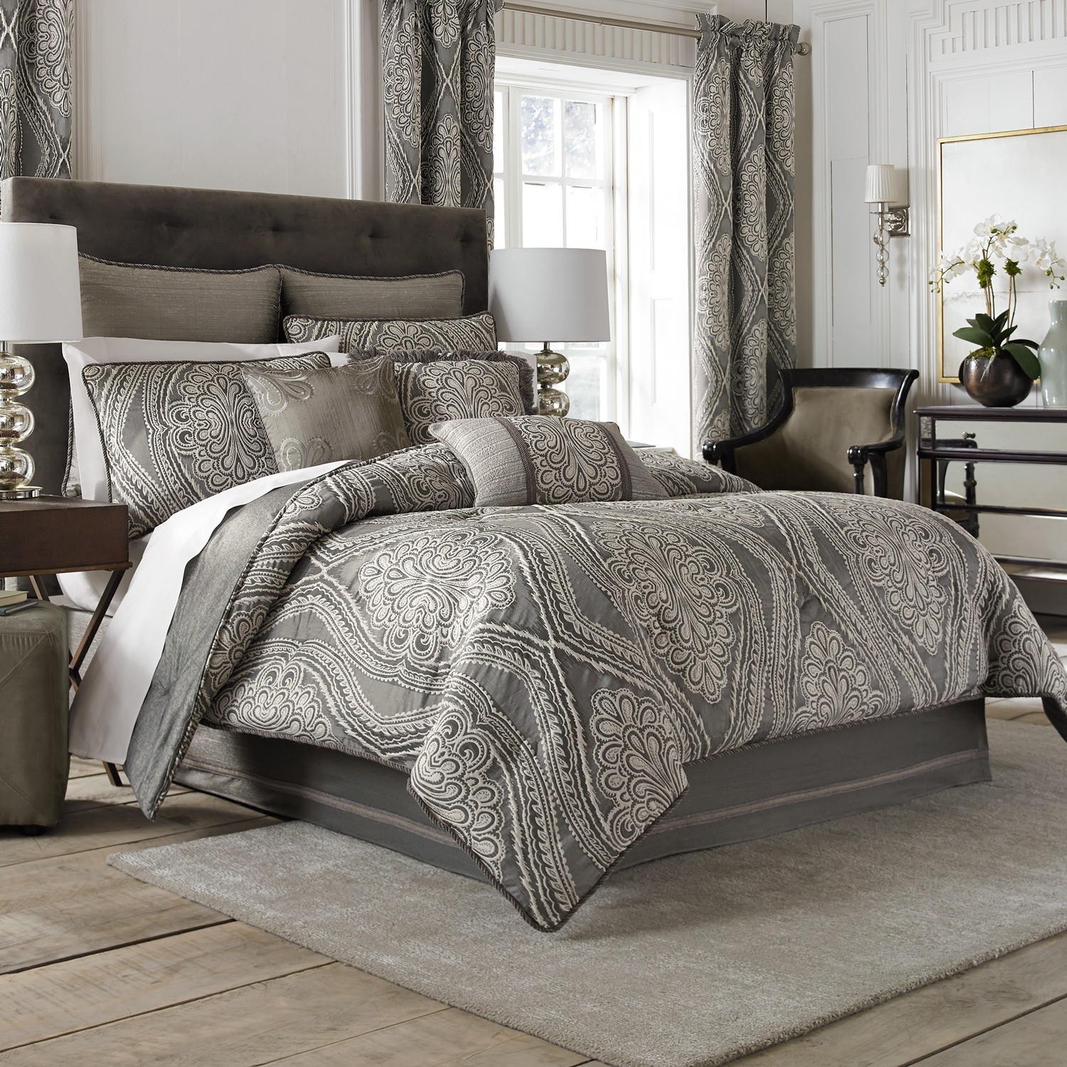 chambre à coucher-motif-gris-lin-coton-douillette-et-rideaux-tapis-de-fourrure-gris-miraculeux-chambre-couette-et-rideaux-sets-idées-design