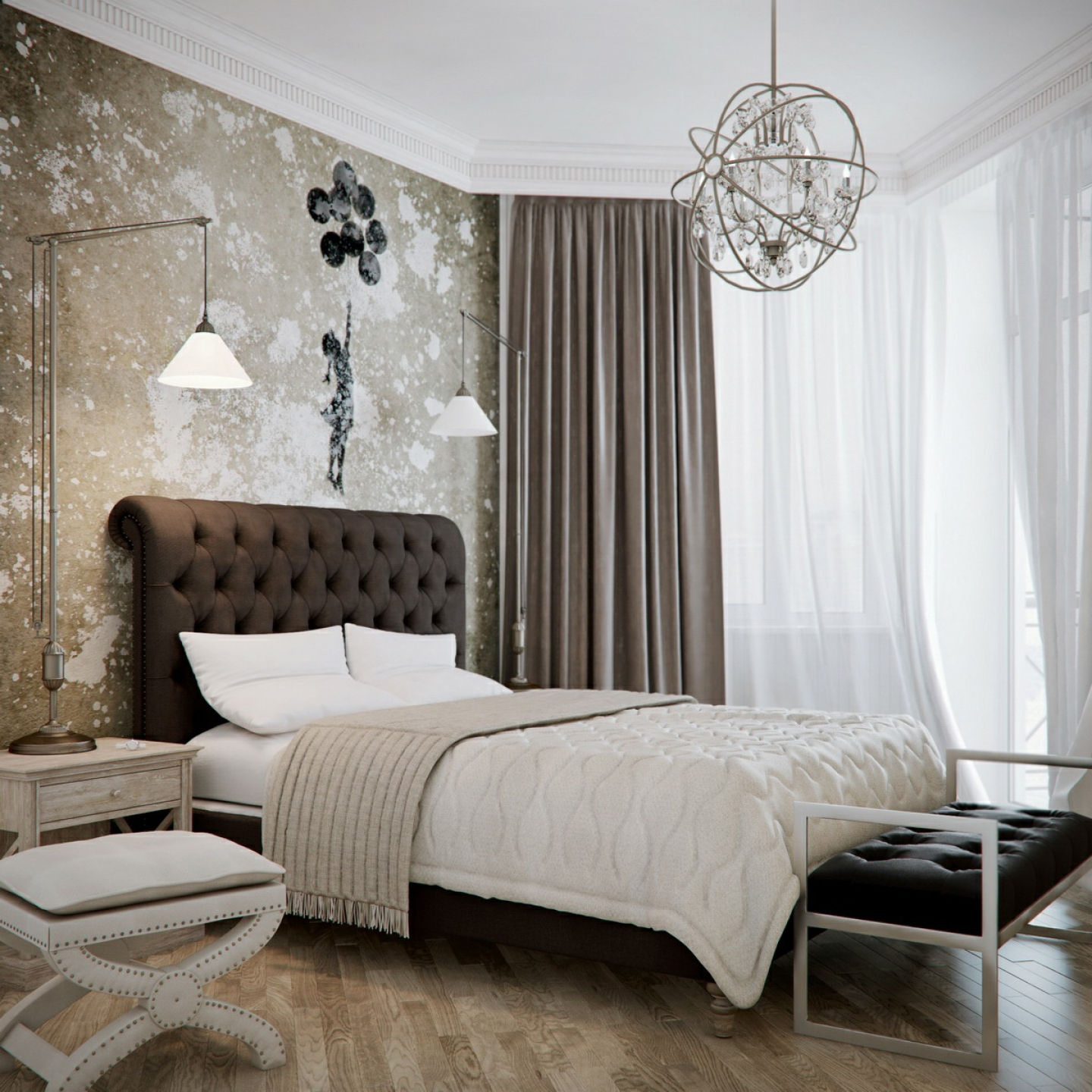 chambre-intérieur-moderne-fer-forgé-cage-lustre-sur-lit-principal-ayant-capitonné-rembourré-tête de lit-combiné-avec-appliques-murales-lustres-modernes-pour-chambres