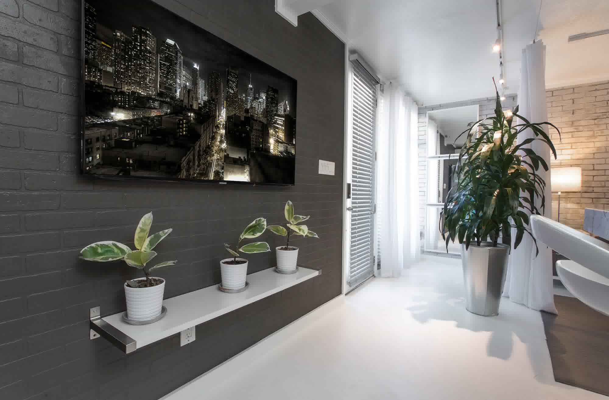 captivant-couloir-décoration-avec-rectangulaire-lcd-tv-monté-sur-tuiles-sombres-mur-unifier-pot-de-plantes-attaché-en-étagères flottantes-avec-grandes-fleurs-argent-incorpore-lisse revêtements de sol-idées-génial-ga