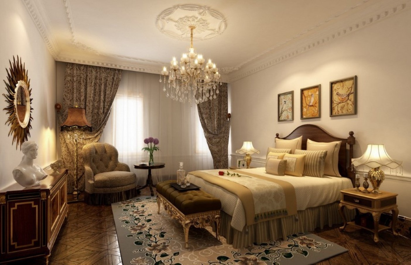 cool-tufted-bench-also-wooden-headboard-design-feat-beautiful-bedroom-chandelier-and-sunburst-wall-mirror-idea