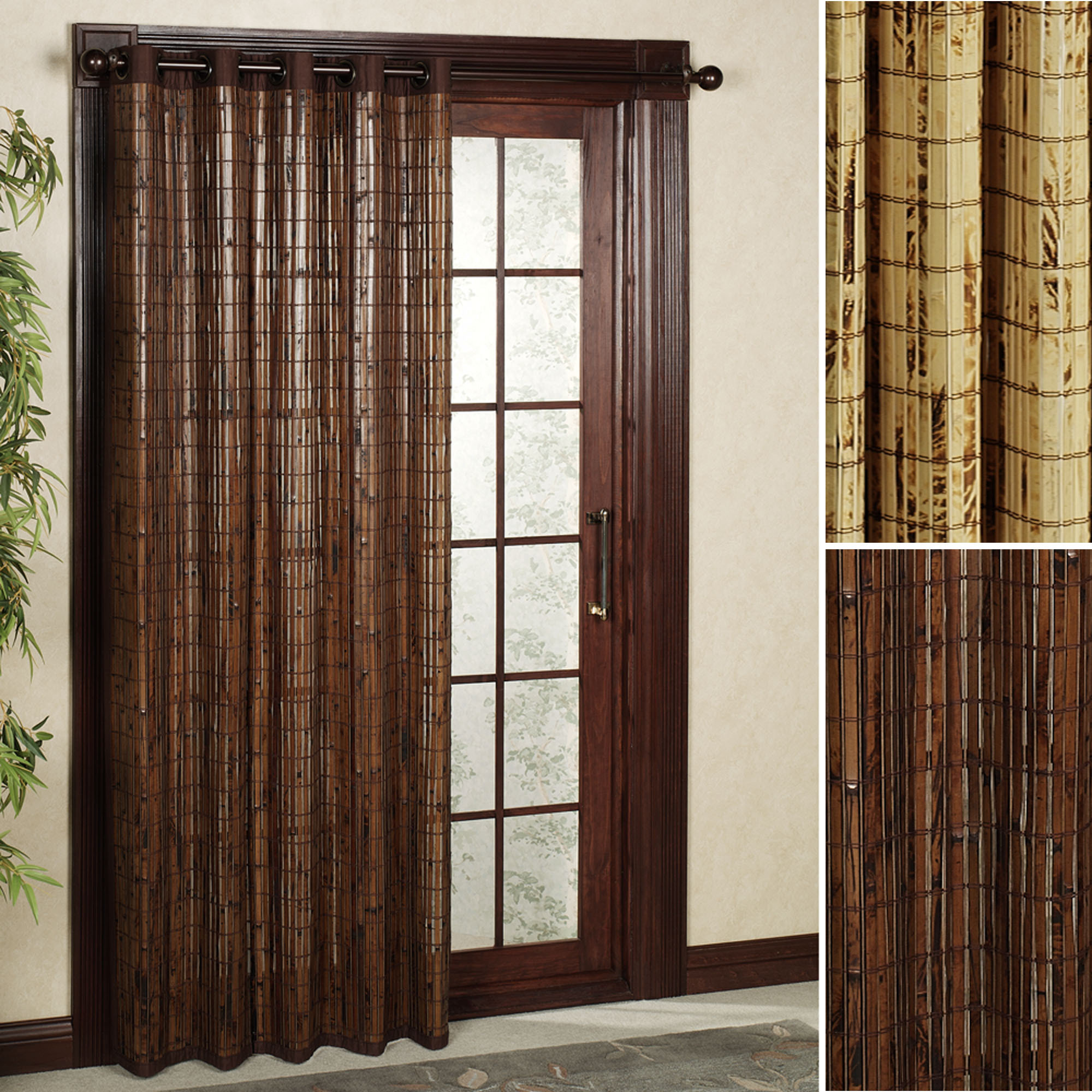 rideaux-portes-patio-en-bambou-peint-brun-foncé-sur-les-portes-rideaux-en-métal-poli-brun-foncé-aussi-stores-roulants-pour-portes-patio