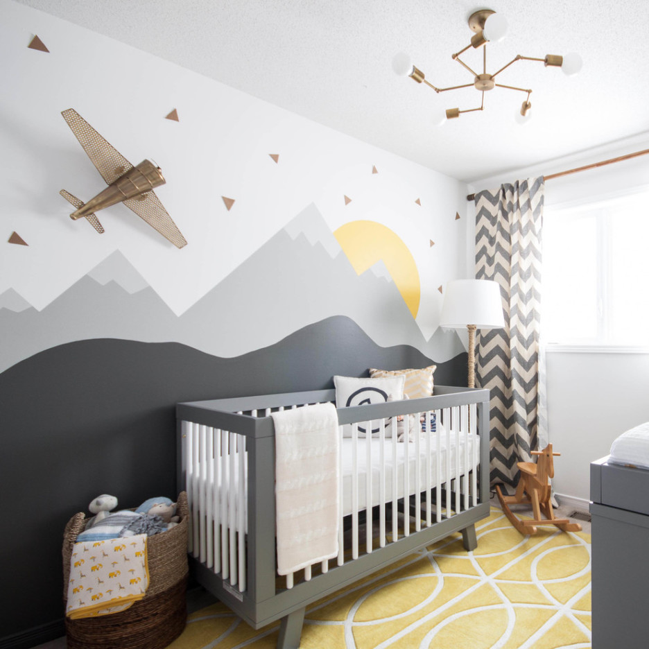 tapis-engageant-avion-baby-nursery-chambre-garcons-decoration-utilisant-peinte a la main-montagne-soleil-marron