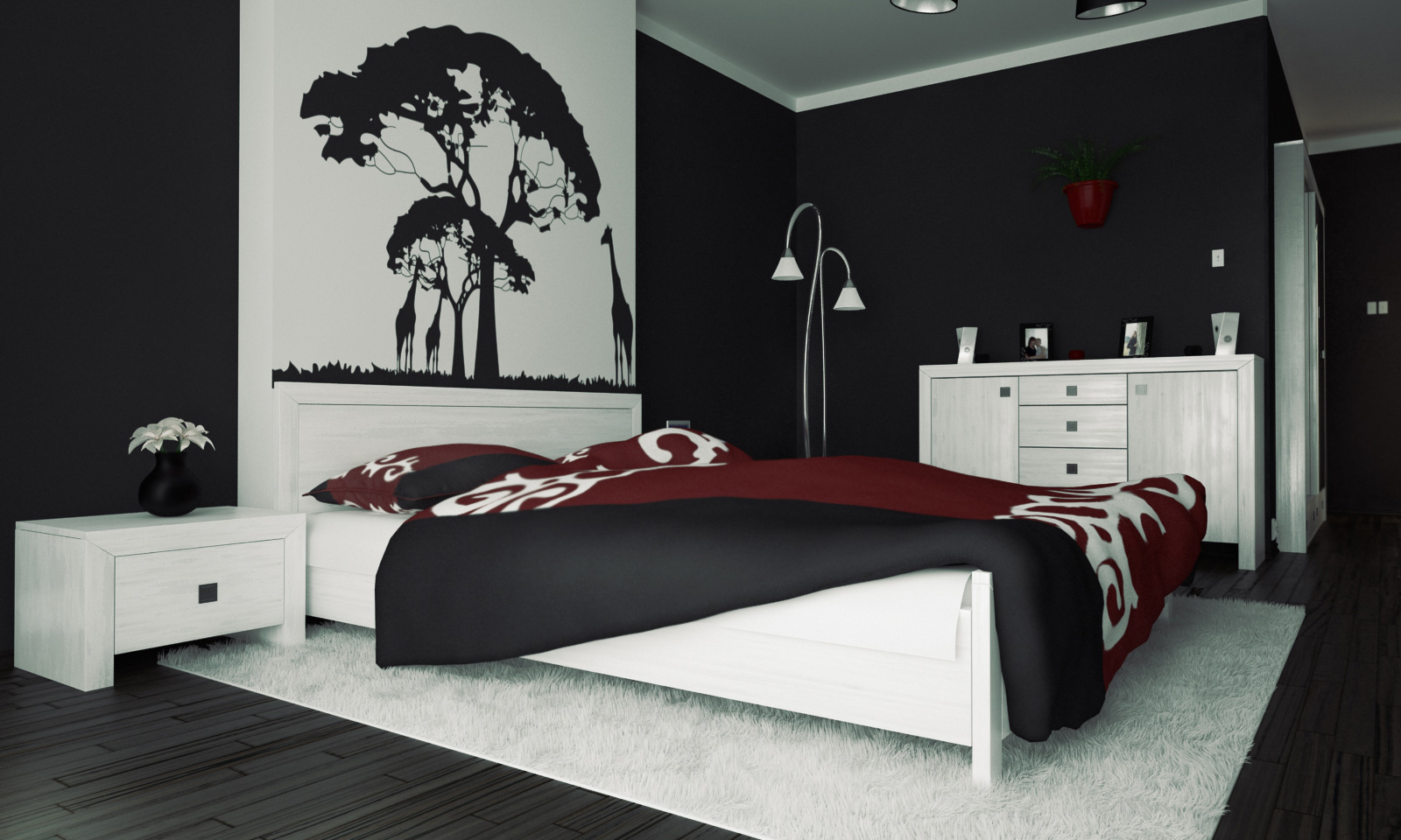 intérieur-tueur-moderne-rouge-noir-et-blanc-chambre-décoration-utilisant-noir-et-blanc-arbre-chambre-mur-mural-comprenant-noir-blanc-chambre-mur-peinture-et-moderne- blanc-night-stand-inspiring-picture-of-r