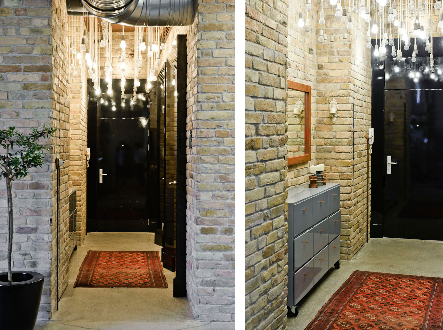 interieur-beau-design-d'un-hall-avec-une-brique-décoration-murale-beige-carrelage-motif-de-carreaux-rouge-moquette-et-miroirs-muraux-pivotants-gris- armoires-et-beaucoup-lampe-suspension-porte-noire-moderne-int