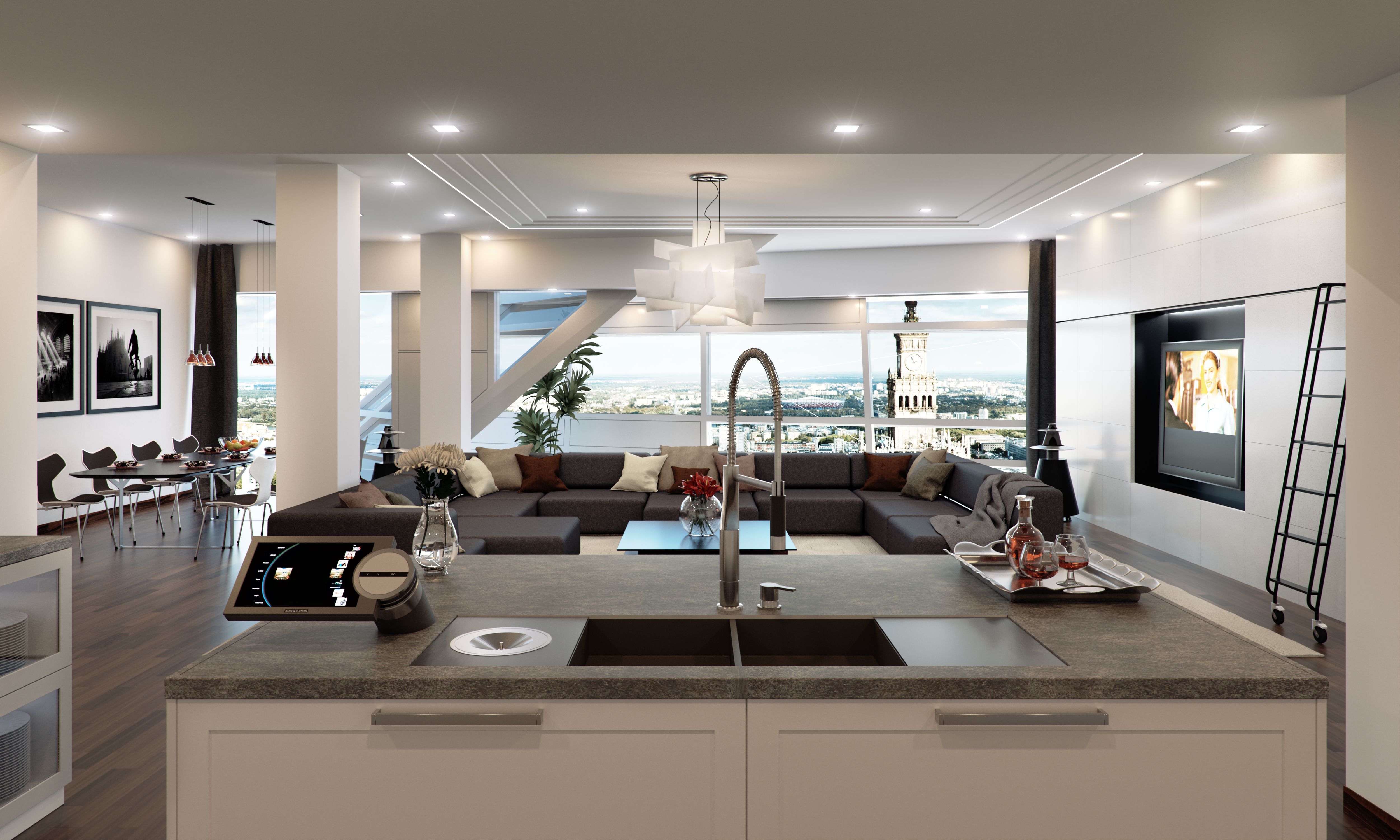 intérieur-luxe-hôtel-appartement-cuisine-salon-table-chaises-canapé-tv-table