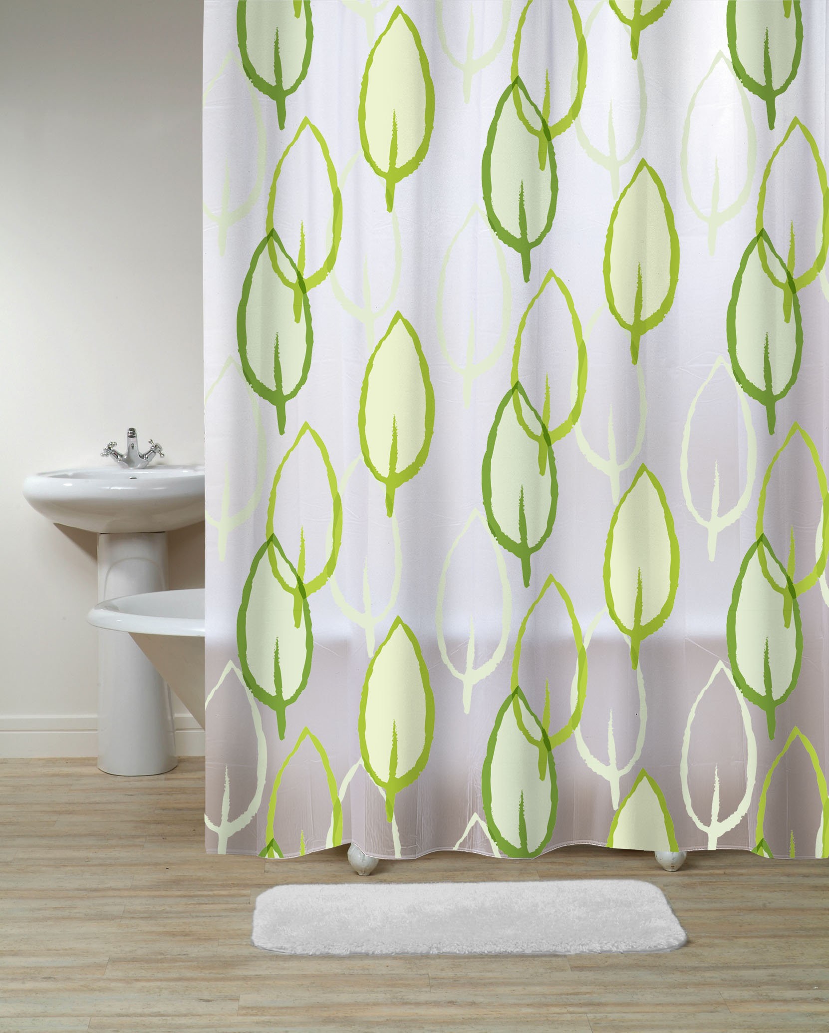 rideau de douche-intérieur-en-plastique-blanc-avec-des-feuilles-blanches-et-vertes-motif-combiné-avec-des-rideaux-blancs-mat-de-porte-blancs-avec-des-feuilles-vertes