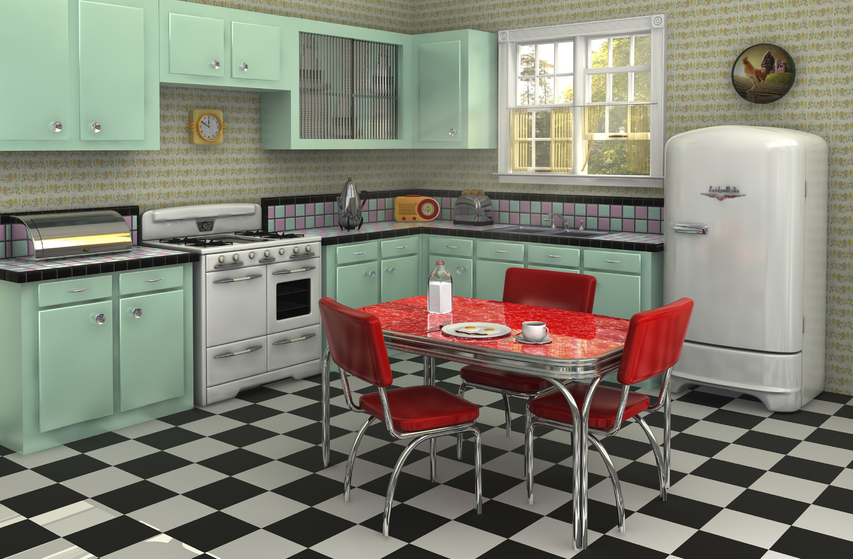 Cuisine rétro des années 1950 avec cuisinière, réfrigérateur, ensemble de dinette chromé, percolateur, grille-pain, boîte à pain et radio
