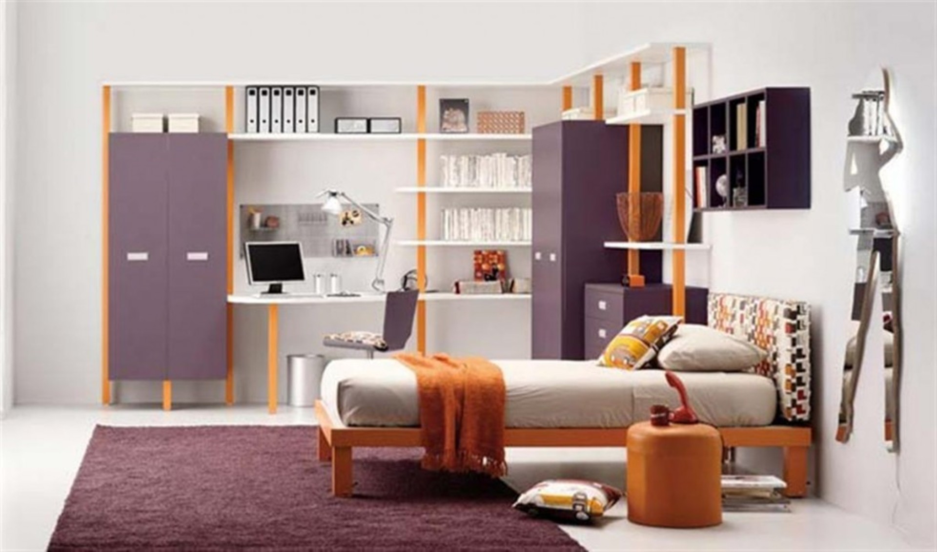 hypnotisant-idées-d'intérieur-pour-les-chambres-pour-enfants-avec-un-cadre-de-lit-en-bois-jaune-blanc-et-une-couverture-marron-aussi-une-table-et-des-etagères-en-bois-blanches violet-cabinet-aussi-violet-tapis-o