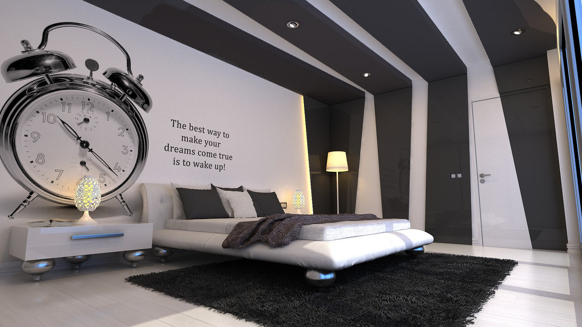 chambre-moderne-avec-grande-horloge-papier-peint-et-tapis-de-fourrure-et-beige-couvre-lit-aussi-brun-blanc-et-parquet