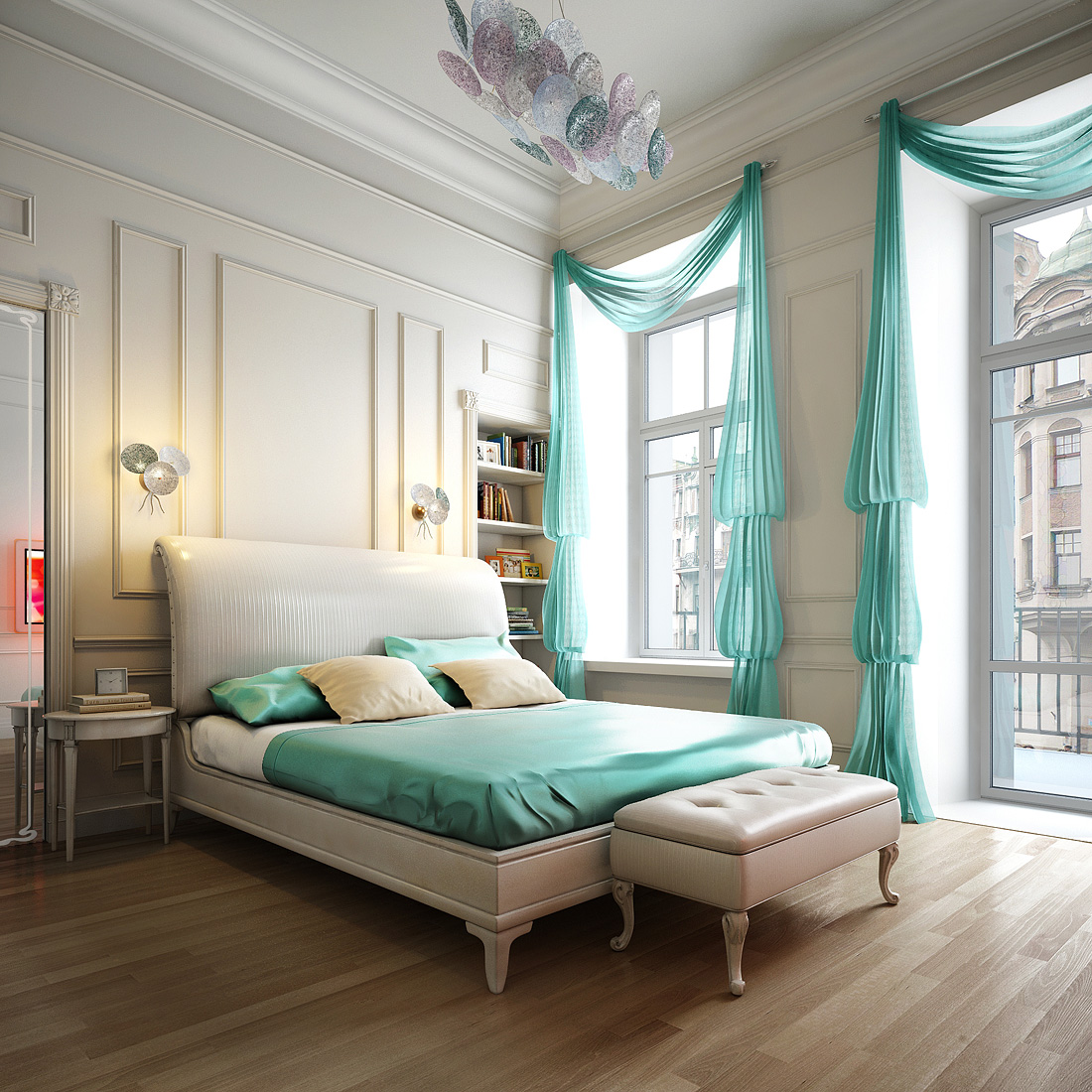 romantique-bedrom-décoré-avec-rideaux spacieux