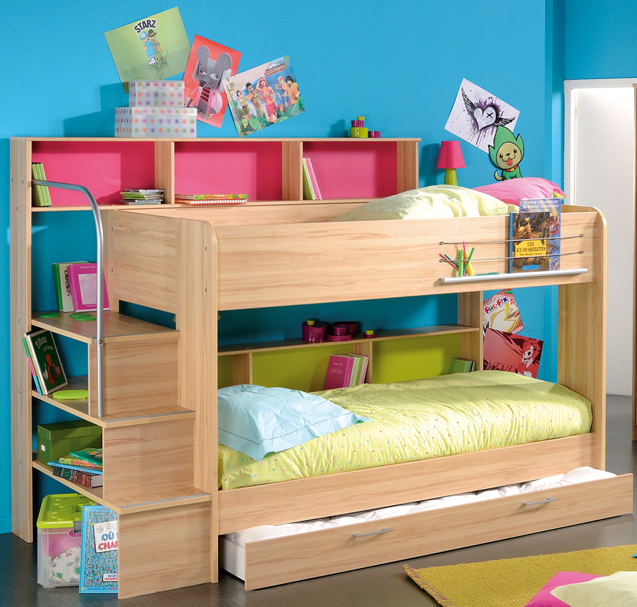 tendance-lit-superposé-ikea-design-modèles-pour-enfants-garçon-par-fonction-en-hêtre-massif-chene-lits-mezzanine-gigogne-avec-rose-et-bleu-open-stockage-plus-côté- escaliers à gauche en utilisant des mains courantes en acier inoxydable
