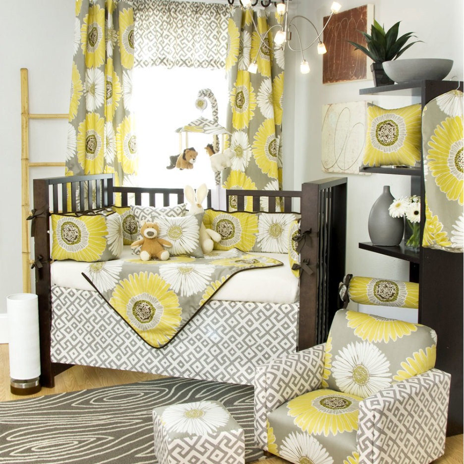 rideaux de chambre de bébé jaune et gris