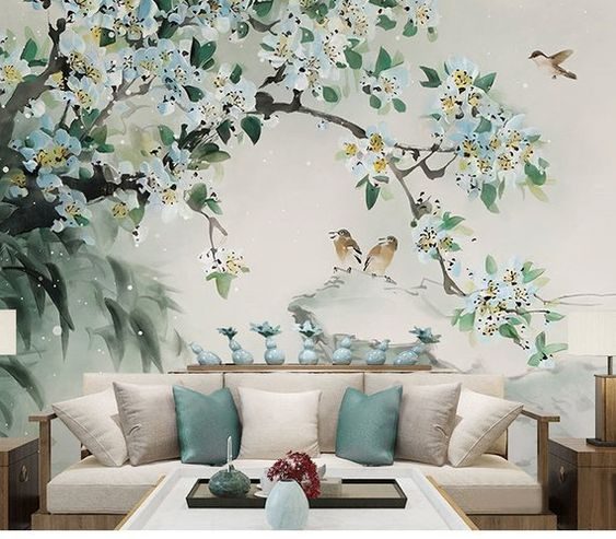 peinture avec arbre et oiseaux